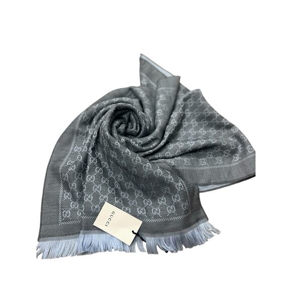 Gucci Stencil Monogram GG Logo 2 Tone Scarf Square blue 48x180 - Picture 1 of 8